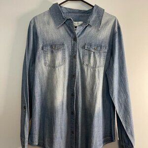 Ladies Christopher & Banks Long Sleeve Denim Blingy Button Down Shirt Size Large